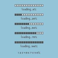 set of retro game 8bit pixel art loading process progress counter bar computer battery, banner vector