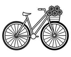 Black and white line art illustration of a bicycle with flowers in a basket for a charming design vector