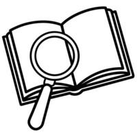Open book and magnifying glass symbolizing research and discovery in black and white vector