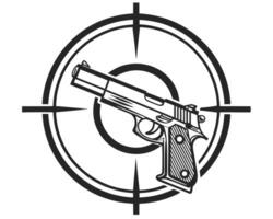 Black and white illustration of a pistol inside a target symbol for weapon concepts vector