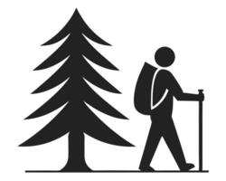 A simple black and white illustration of a hiker and a fir tree symbolizing nature vector