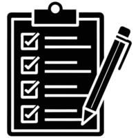 Black and white icon of a checklist on a clipboard with pen for success vector
