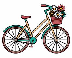 Colorful bicycle with basket full of flowers illustration isolated on white background vector