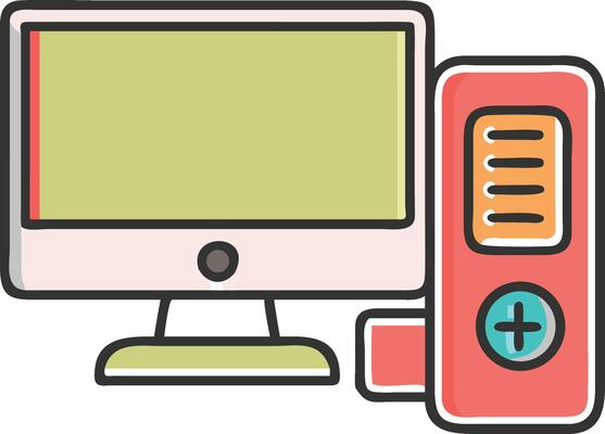 Colorful hand drawn computer with monitor tower and desktop system for work and design
