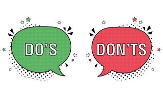 Comic speech bubble with do's and don'ts icons. bright dynamic cartoon illustration in retro pop art style. illustration vector