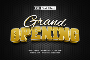 Gold Grand Opening 3D text effect on a dark hexagonal background. Ideal for grand opening announcements and event promotions psd