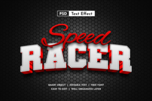 3D Text Effect Speed Racer with bold red and white colors on dark hexagonal background. Perfect for racing, automotive, sports, and game-related design psd