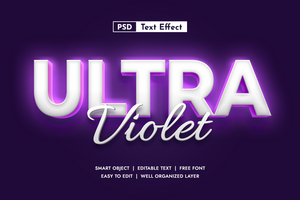 Glowing Ultra Violet 3D text effect on a dark purple background. Great for modern, futuristic, or creative design projects psd