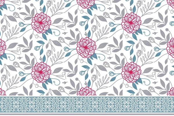 rose line border embroidery, cotton flower sketch style, wrapping texture design idea, floral pattern for kitchen wear, trendy textile print