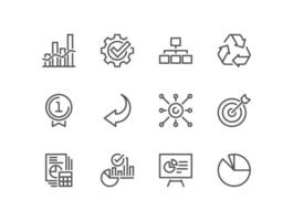 Set of business strategy success related icons, growth and planning symbols, target achievement, financial progress, leadership vision, teamwork and performance metrics and linear variety vectors. vector