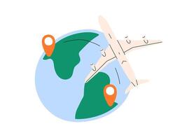 Airplane flying across world map with destination markers, flight path showing air travel route, tourism journey, global navigation concept flat illustration. vector