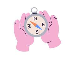 Human hands holding a compass icon, navigation and direction symbol for exploration, finding route, decision making, travel guidance, and orientation flat illustration. vector