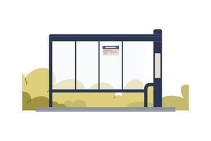 Urban public transit stop with seating bench, roof shelter, and route information board, modern city bus station element for passengers isolated on white background flat illustration. vector