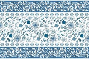 blue flower pattern with border, stylish outline rose art, minimalism in textile design, cotton floral sketch, wrapping paper fabric vector