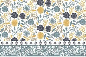 abstract flower pattern with border, outline cotton sketch drawing, trendy modern fashion print, one line textile design, nature inspired art vector