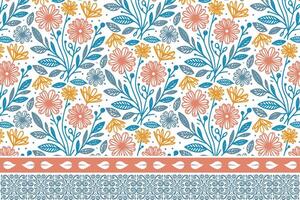 rose pattern with floral border, one line cotton flower art, trendy textile design sketch, wrapping paper fabric texture, modern motif print vector