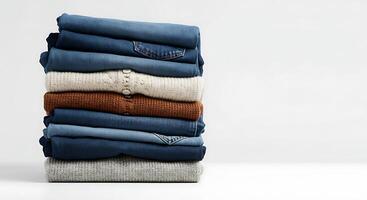 Stack of sweaters on white background photo