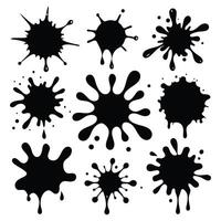 Set of 9 High-Resolution Black and White Splash Designs - Bold Ink and Paint Splatter Elements with Drips and Textured Smears vector