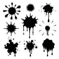Black and White Ink Splash Bundle of 9 Grunge Textures, Paint Splatters, and Dripping Brush Elements on White Background vector