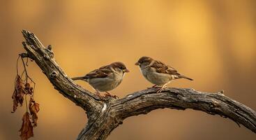 Two birds perched on a branch in front of a golden sunset photo