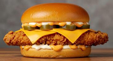 A chicken sandwich with cheese and pickles on top photo