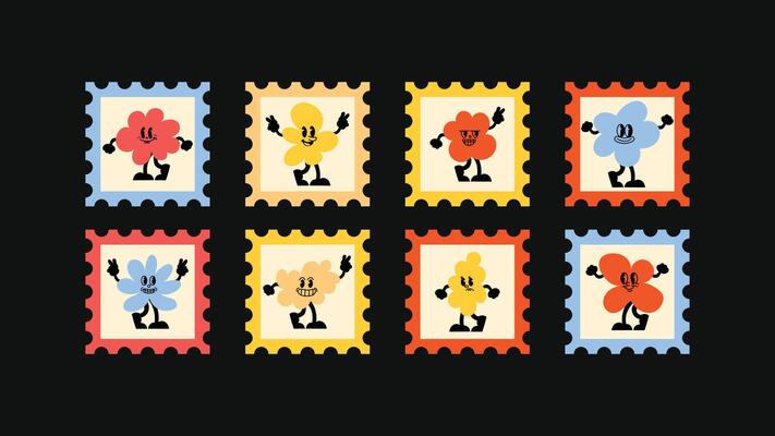 A bright pack of square logo stamps, banner elements, linear icons, and smiling mascots ideal for advertising, social media and quirky brand identity.