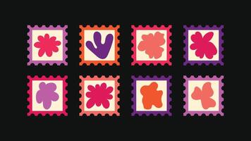 Set of illustrated stamps in a rough hand-sketched style featuring sharp-edged stars, floral icons, and geometric patterns with a bold, artistic edge. vector