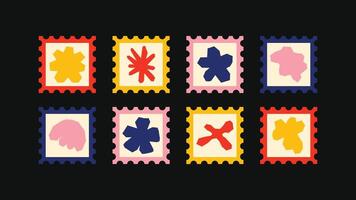 Flat-style naive doodles a set of illustrated stamps with pointed shapes, rough florals, and sharp-edged badges, perfect for bold branding and creative visuals. vector
