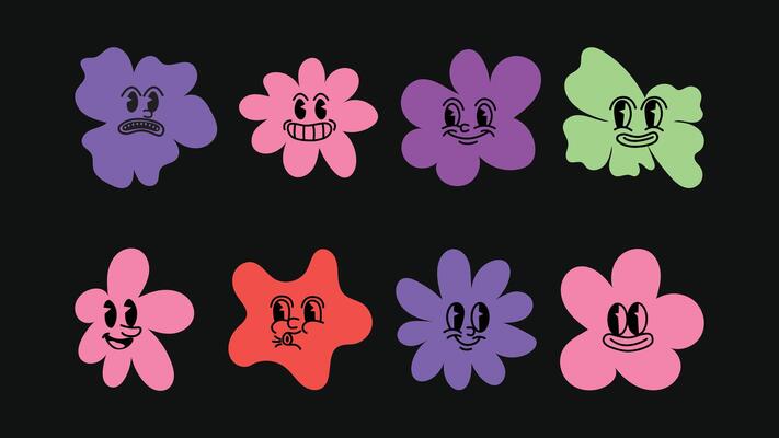 Editable set of logo templates and graphics for brand identity, advertising prints, posters and social media banners, featuring fun mascots and outlined icons.