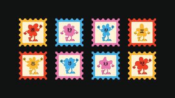 Cartoon-inspired logo elements featuring square stamps, heart motifs, smiling characters and line icons a creative set for posters, packaging, and social media visuals. vector