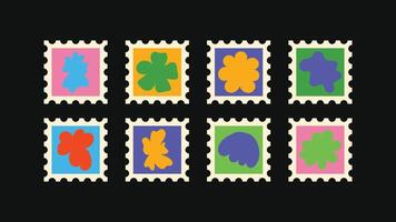 Hand-sketched stamp collection featuring edgy stars, abstract florals, and geometric badges all illustrated with bold lines and sharp, angular forms. vector