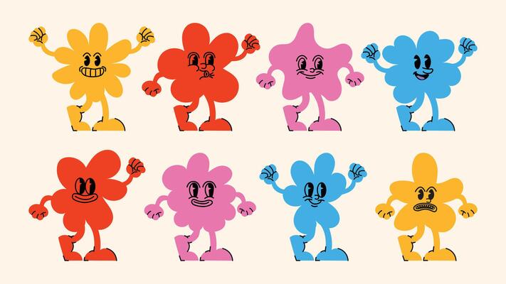 collection of logo templates and graphic assets for advertising, brand identity, posters and banners, with cartoon characters, abstract stickers and linear icons.