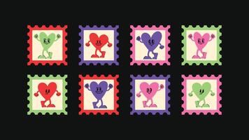 logo design set with square banners, postage stamp shapes, and funny cartoon mascots includes smiling characters, hearts, abstract stickers, and line icons for advertising and branding. vector