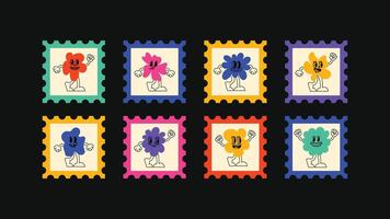 Logo and graphic bundle in a cartoon style with square badge templates, cute character mascots, hearts, and sticker icons perfect for packaging, posters and online visuals. vector