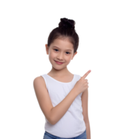 Young smiling female showing the path with a pointing hand. png