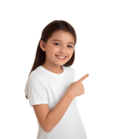 Upbeat girl pointing off-frame, guiding the viewer with charm. png