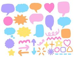 Set of hand drawn speech bubbles, shapes, lines, and arrows.Set of elements.Collection of banner.Pastel color stickers for decorating.Sign, symbol, icon or logo isolated. illustration. vector