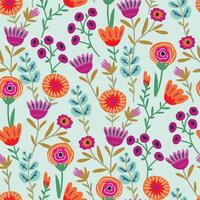 Seamless pattern with colorful flowers, leaves and berries on a light blue background vector