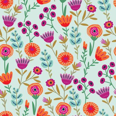 Seamless pattern with colorful flowers, leaves and berries on a light blue background