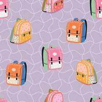 Seamless pattern with bright backpacks on lavender background. Suitable for school theme vector