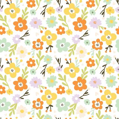 Delicate seamless pattern with cute flowers, leaves and small hearts on a white background