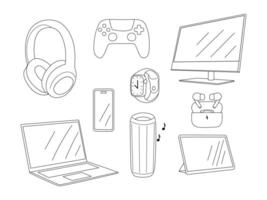 Linear set of digital gadgets including smartphones, laptops, tablets, and headphones. illustration for modern technology, electronics, and minimal tech design vector