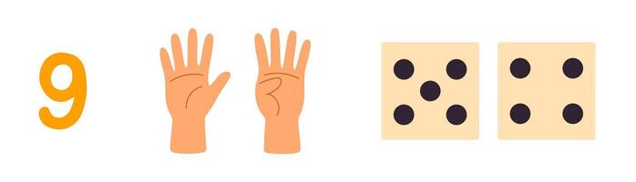 Colorful educational chart showing numbers 9 with corresponding hand signs and dice illustrations for counting and early math learning vector