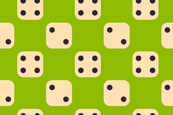 Seamless pattern of dice with different numbers on a bright green background for game or math-themed design projects