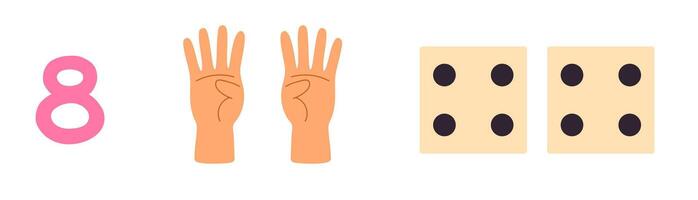 Colorful educational chart showing numbers 8 with corresponding hand signs and dice illustrations for counting and early math learning vector
