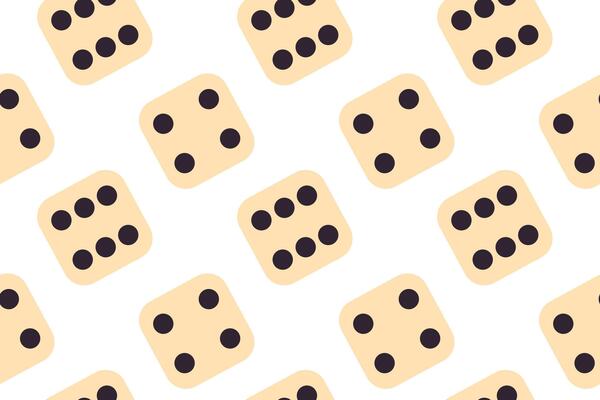 Repeating pattern of dice with black dots on white background, showing random numbers, perfect for math, games, counting visuals, or fun minimal digital designs