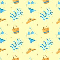 Seamless pattern with swimsuit, hat and palm leaves on a yellow background vector