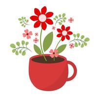 Red cup with red flowers on a white background. vector