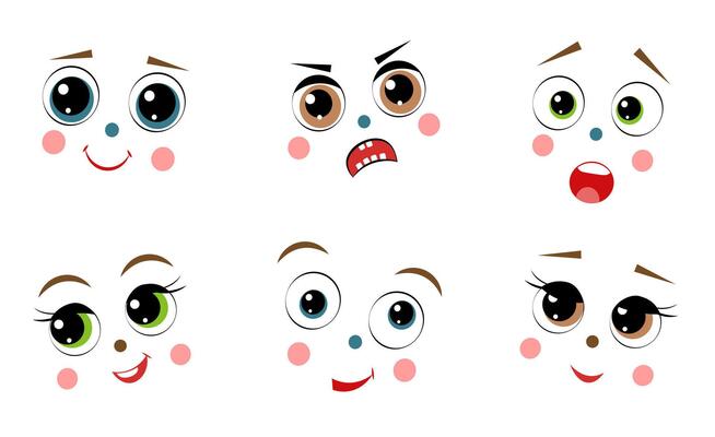 A set of different faces and emotions on a white background