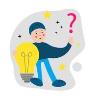 A man is looking for a new business idea. A light bulb and a question mark. Brainstorming vector